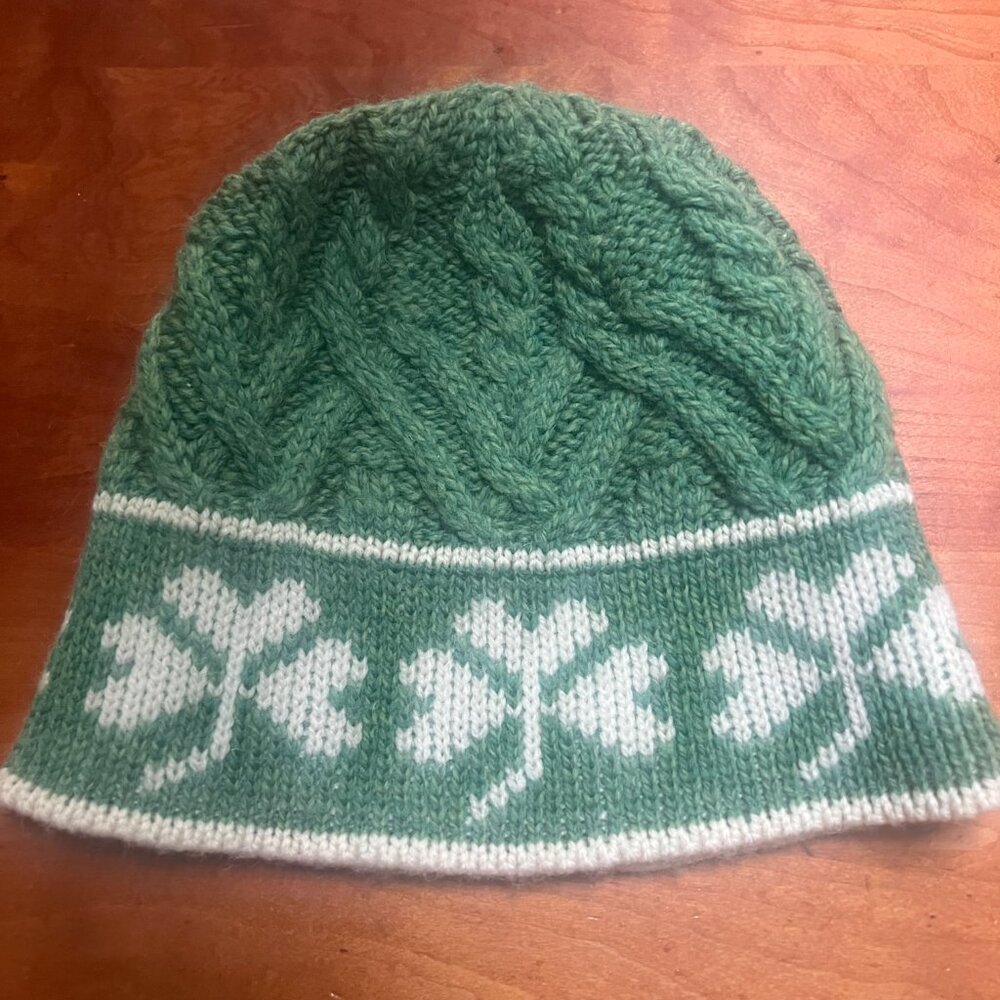 Irish Merino Wool Beanie and Scarf Set, Green with Shamrocks by Saol - Picture 6 of 11